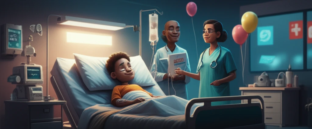 Digital illustration of a child in a latex-free hospital environment, highlighting safety and care.