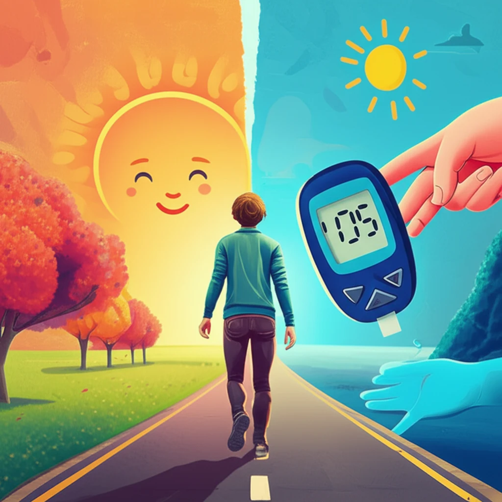 Digital illustration of a person walking on a path split in two, one side has a cheerful and colorful scene, the other side represents daily challenges, a glucose monitor, and a supportive hand, a symbol of hope.