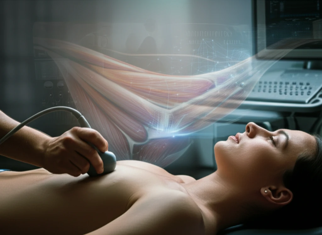 Illustration of an ultrasound scan on a biceps, showing how muscle thickness is measured for fitness and rehabilitation.