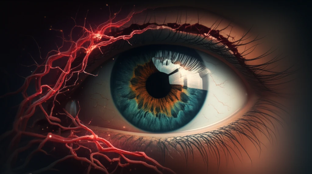Digital illustration showing a healthy eye with blood vessels being treated with nanobots, representing innovative diabetic retinopathy treatment.