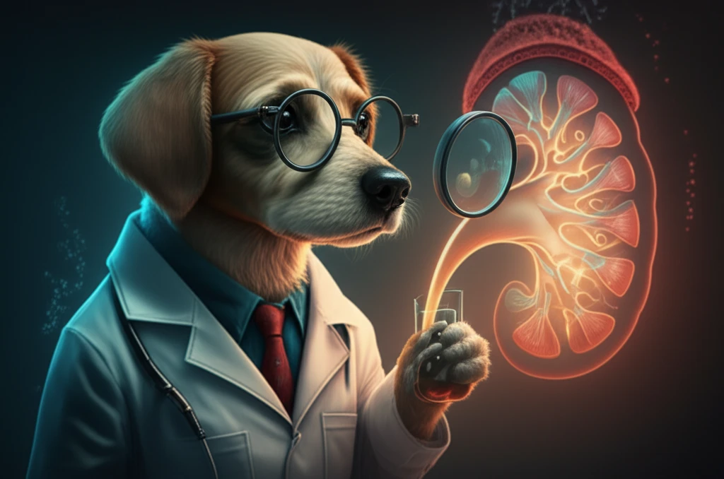 A friendly dog in a lab coat, examining a urine sample, symbolizing pet health and diagnostics.