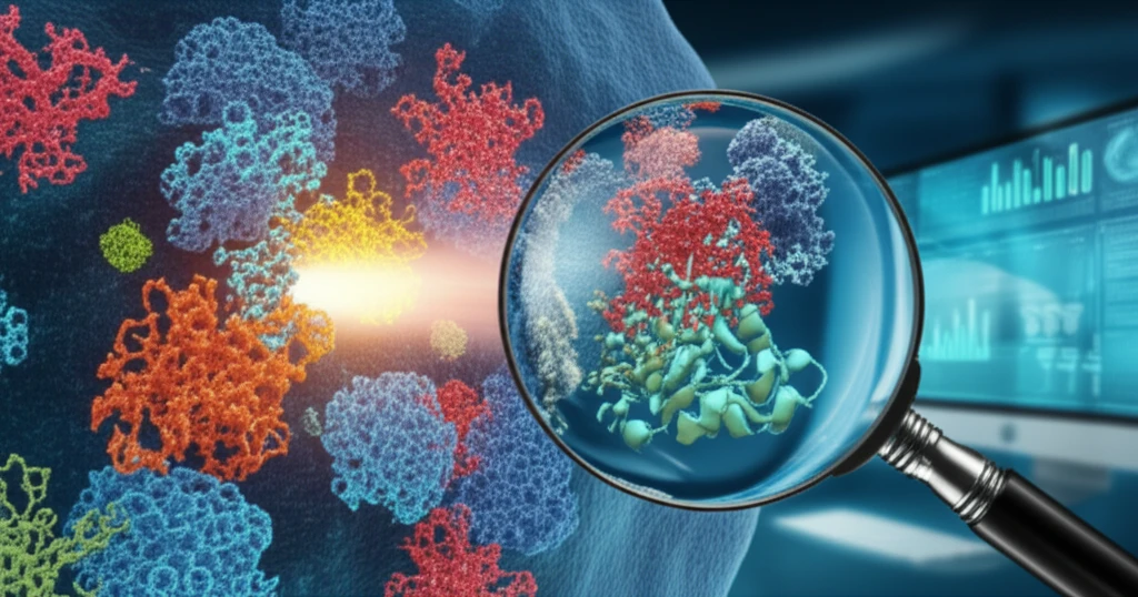 A futuristic illustration of a cell, with proteins highlighted. Proteomics in action.