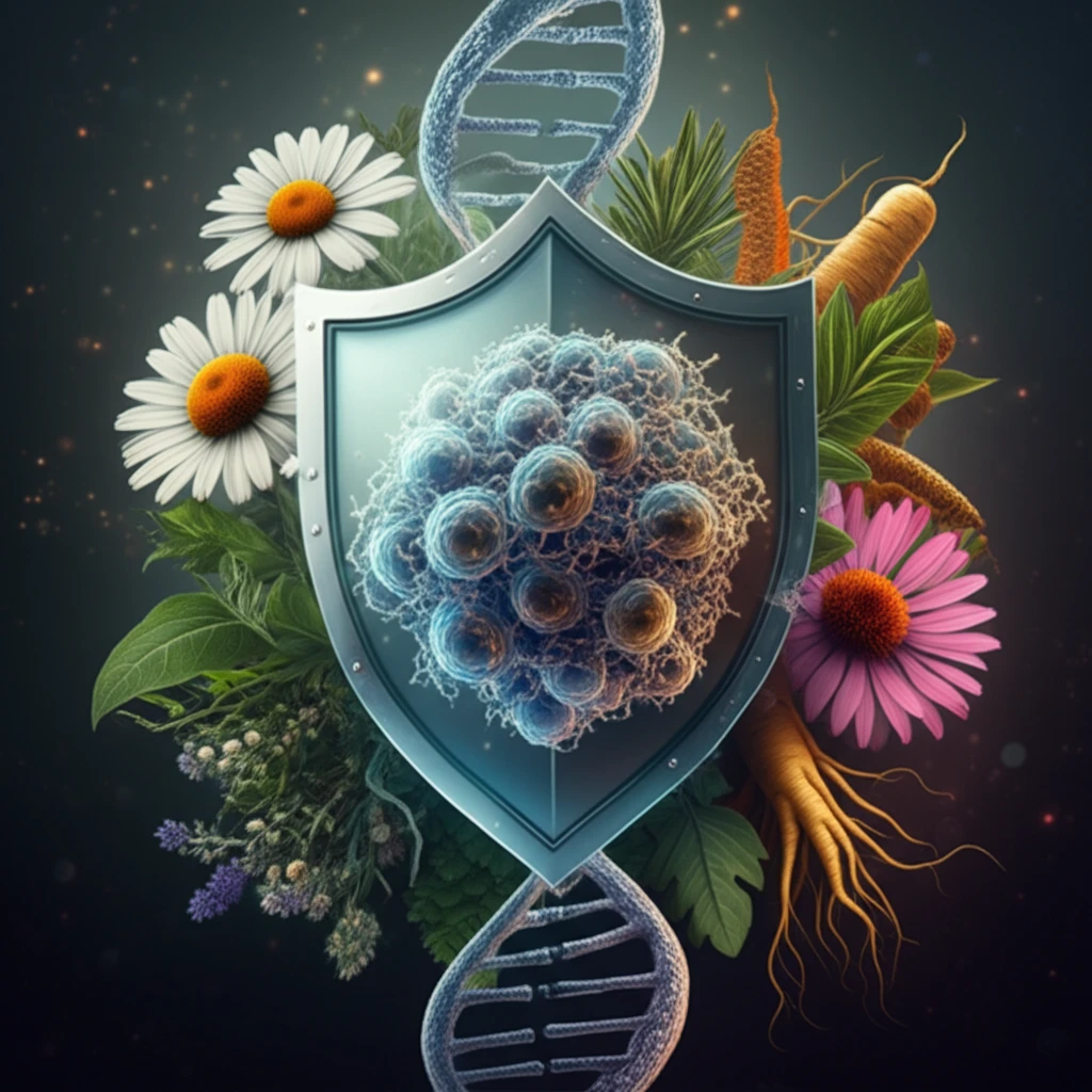 Illustration of germ cells being protected by a shield of herbs representing a potential protective effect against chemotherapy.