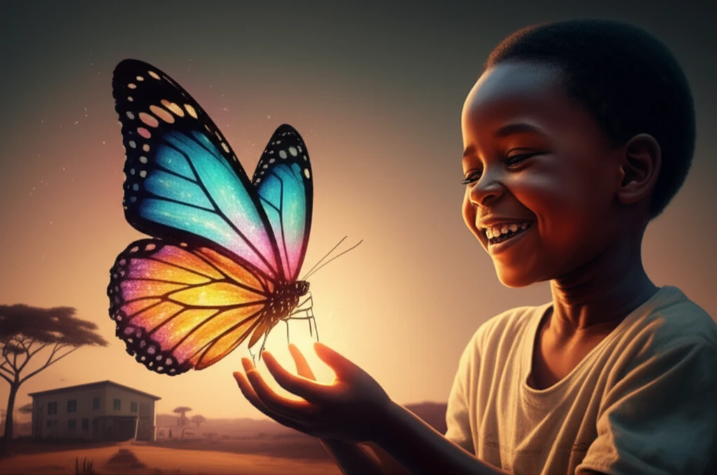 Digital illustration of a child with a butterfly symbolizing hope in front of a Malawian hospital