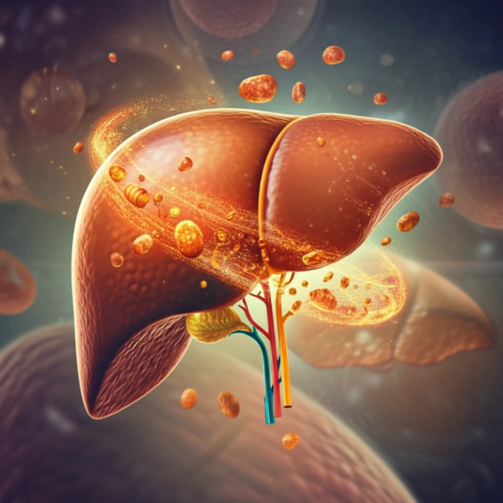 Illustration of a human liver being protected by curcumin crystals. Highlighting the antioxidant and protective properties of turmeric.
