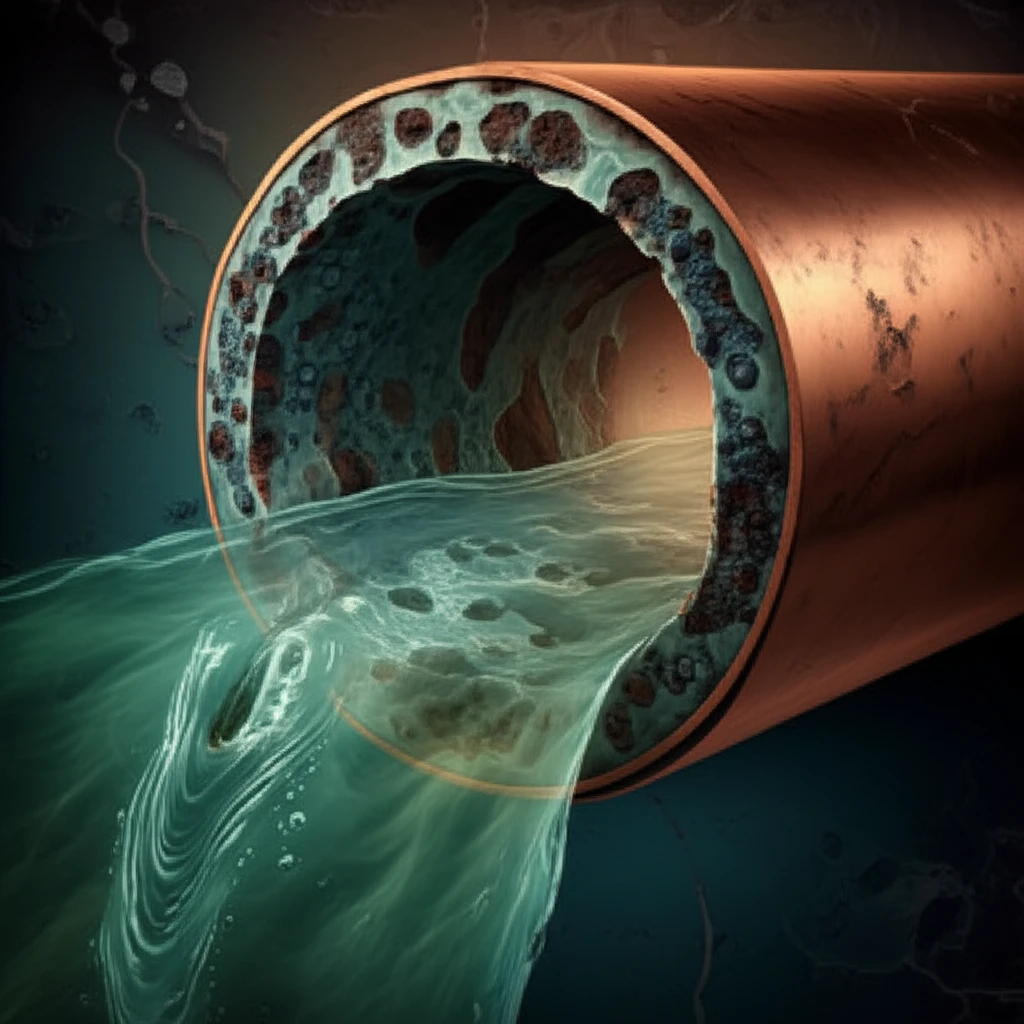 Illustration of a copper pipe with pitting corrosion caused by silicate films, highlighting the potential for water contamination.