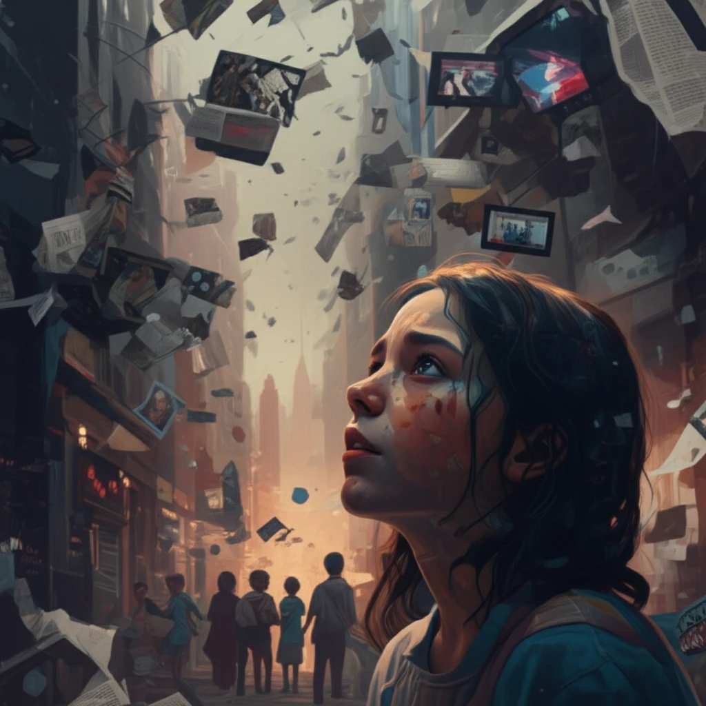 A surreal illustration depicting the impact of violence, trauma, and media influence on a community. The image conveys a sense of both darkness and hope.