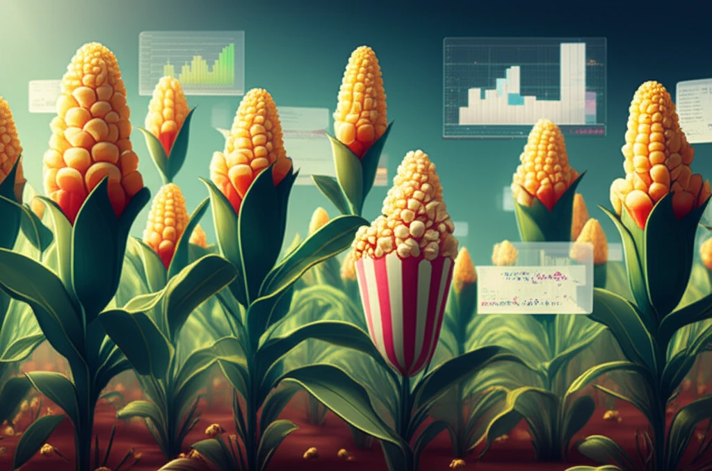 Digital illustration of popcorn field with data plots, representing optimized experimental design.