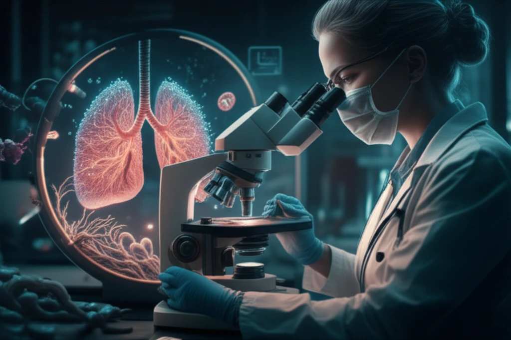 Digital illustration of Blastomyces fungus infecting human lungs and doctor examining.