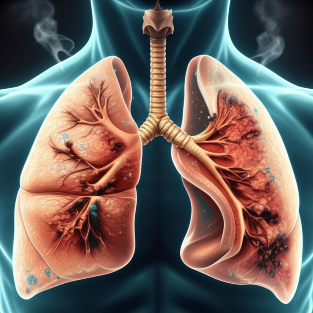 Illustration of damaged lungs from tobacco and biomass smoke exposure, highlighting the health risks of combined smoke inhalation.