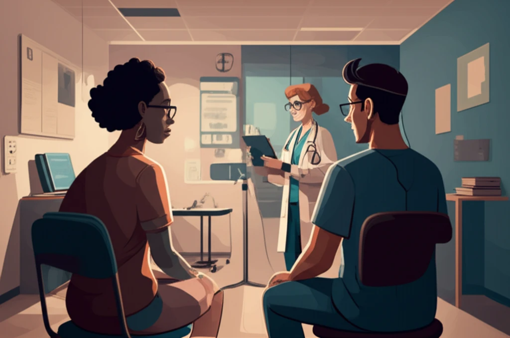 Illustration of a vet tech and veterinarian working together in a clinic.