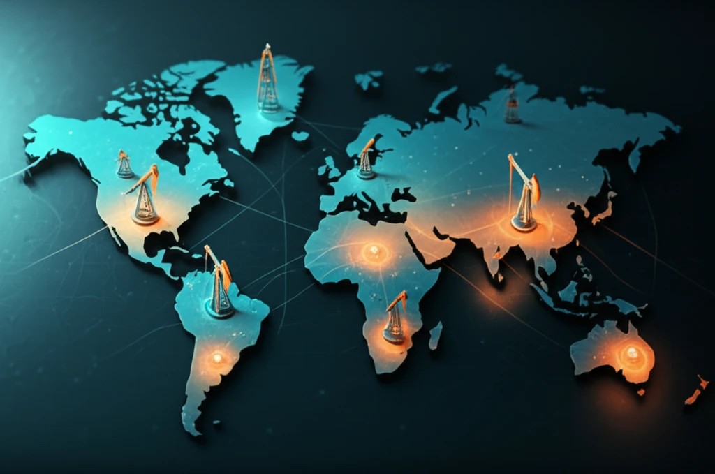 Digital illustration of a world map with oil rigs as data points, representing global energy trends.