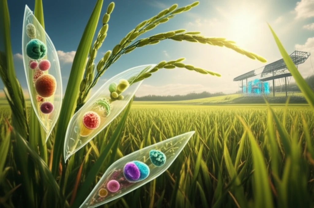 A digital illustration showing a rice plant with glowing leaves. Inside the leaves are colorful microscopic structures and in the background is a futuristic farming setup with a bright sun.