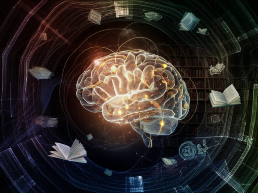 A stylized illustration of a brain with glowing pathways and floating books.