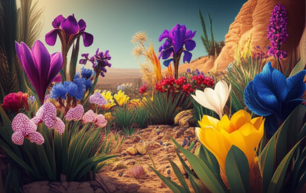 A colorful illustration depicting a diverse array of exotic wildflowers native to Jordan, set against a backdrop of its natural terrain.