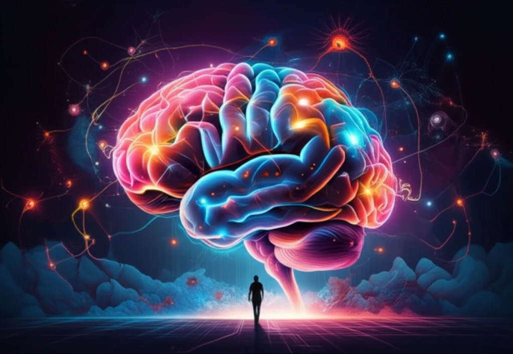 A surreal digital illustration of a brain with neurons firing, a person walking through the brain.