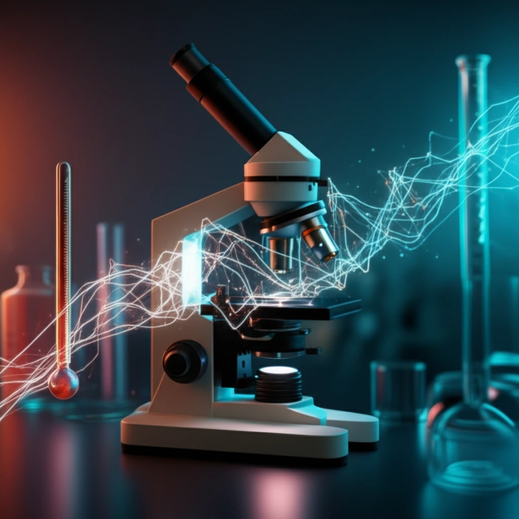 Illustration depicting a protein molecule changing shape in response to temperature change in a lab setting.