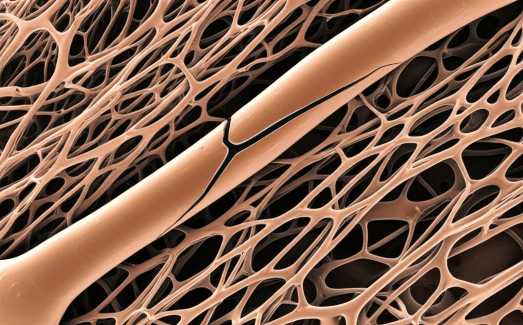 Microscopic illustration of bone tissue, highlighting differences between healthy and fractured bone. Depicts trabeculae, density variations, and fracture representation.