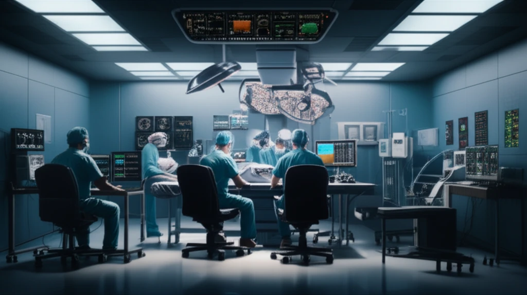Illustration of an interventional radiology suite, blending medical equipment with aviation-inspired design elements, emphasizing teamwork and safety.