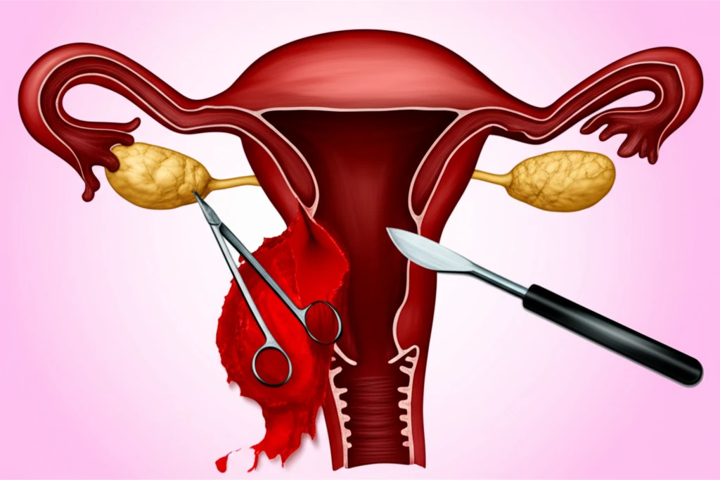 Illustration depicting a ruptured cornual pregnancy, highlighting the uterus and surrounding structures. The image includes symbolic elements of medical intervention.