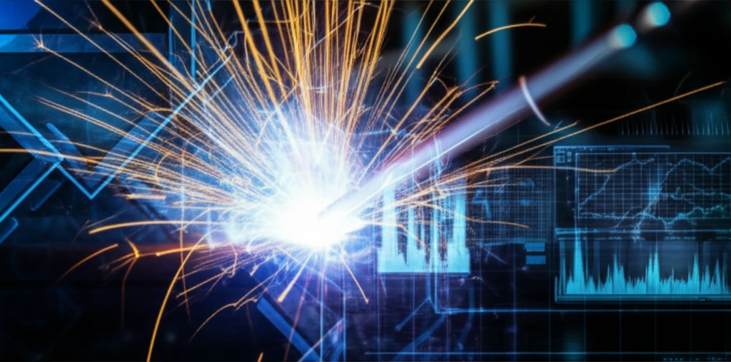 Digital illustration of welding arc analysis, featuring a close-up of a welding process, sparks, time-frequency analysis, and data visualization.