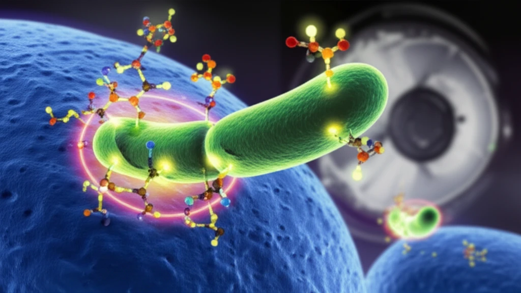 Illustration of *Pseudomonas aeruginosa* bacteria targeted by Ga-68-labeled pyoverdine, with a PET scan overlay.