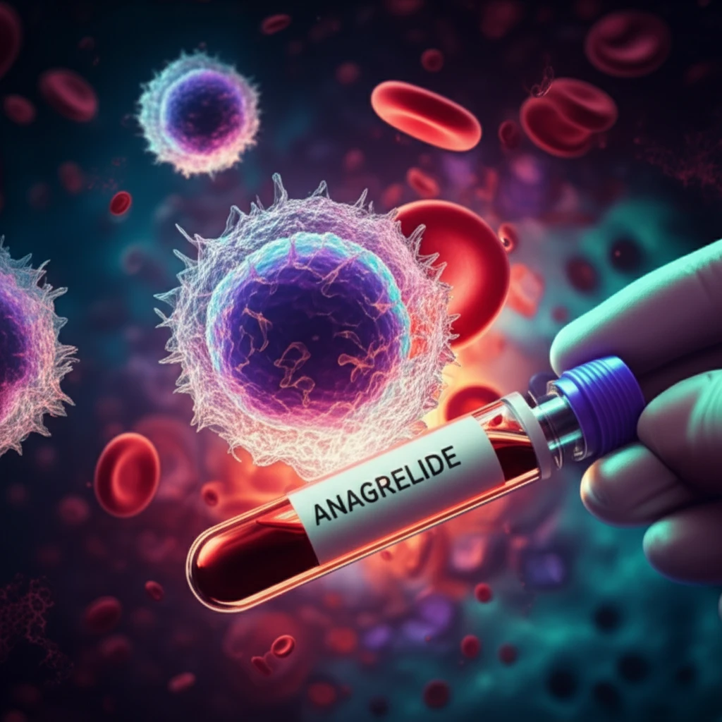 Illustration depicting the microscopic view of blood cells, with emphasis on platelets, and a human hand holding a blood sample vial