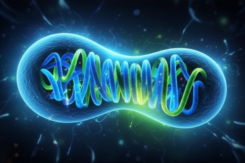 Digital illustration of a glowing mitochondria with intertwined strands of blue and green, representing cAMP and calcium ions, inside a cell.