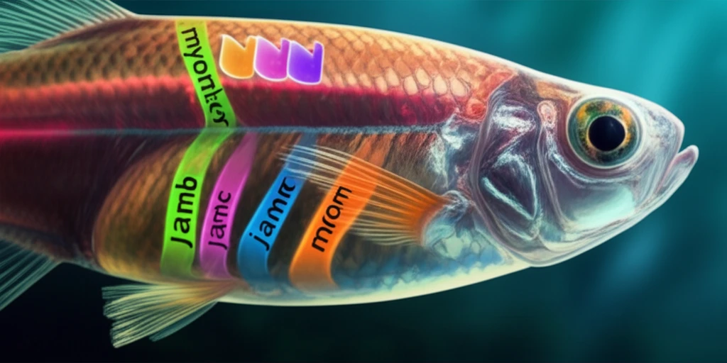 Illustration of a zebrafish with glowing gene elements within its muscles, representing jamb, jamc, and myomaker.