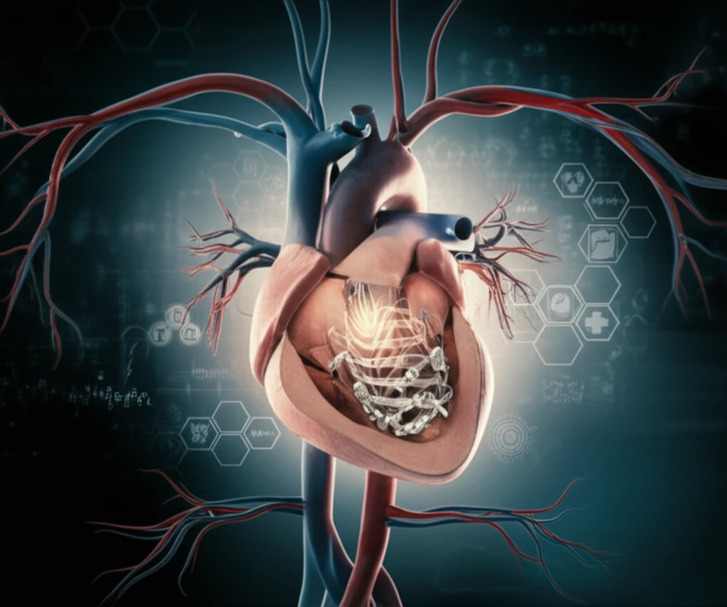 Illustration of a heart with a magnesium scaffold, symbolizing advancements in cardiovascular health.