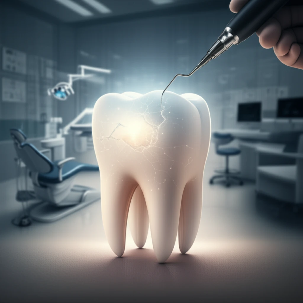 Illustration of a tooth being regenerated with a futuristic treatment, symbolizing the future of dental care.