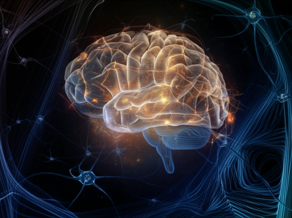 Digital illustration of a brain, neurons, and the concept of sensory processing.