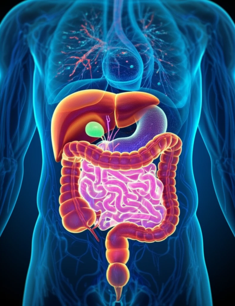 Digital illustration of the human digestive system and liver, emphasizing the gut-liver axis.