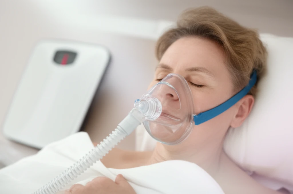 Illustration of a person sleeping with a CPAP machine, the background has a scale, showing the link between sleep apnea treatment and weight, promoting the balance in health.