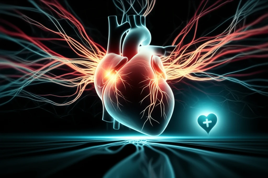 Illustration of a heart with glowing pathways, representing heart failure management and patient outcomes.