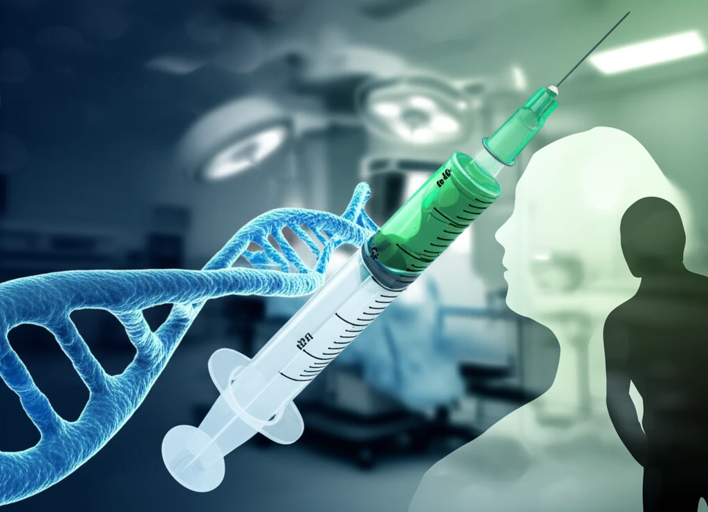 Digital illustration of DNA, syringe, and patient recovery representing genetics and personalized medicine in pain management.