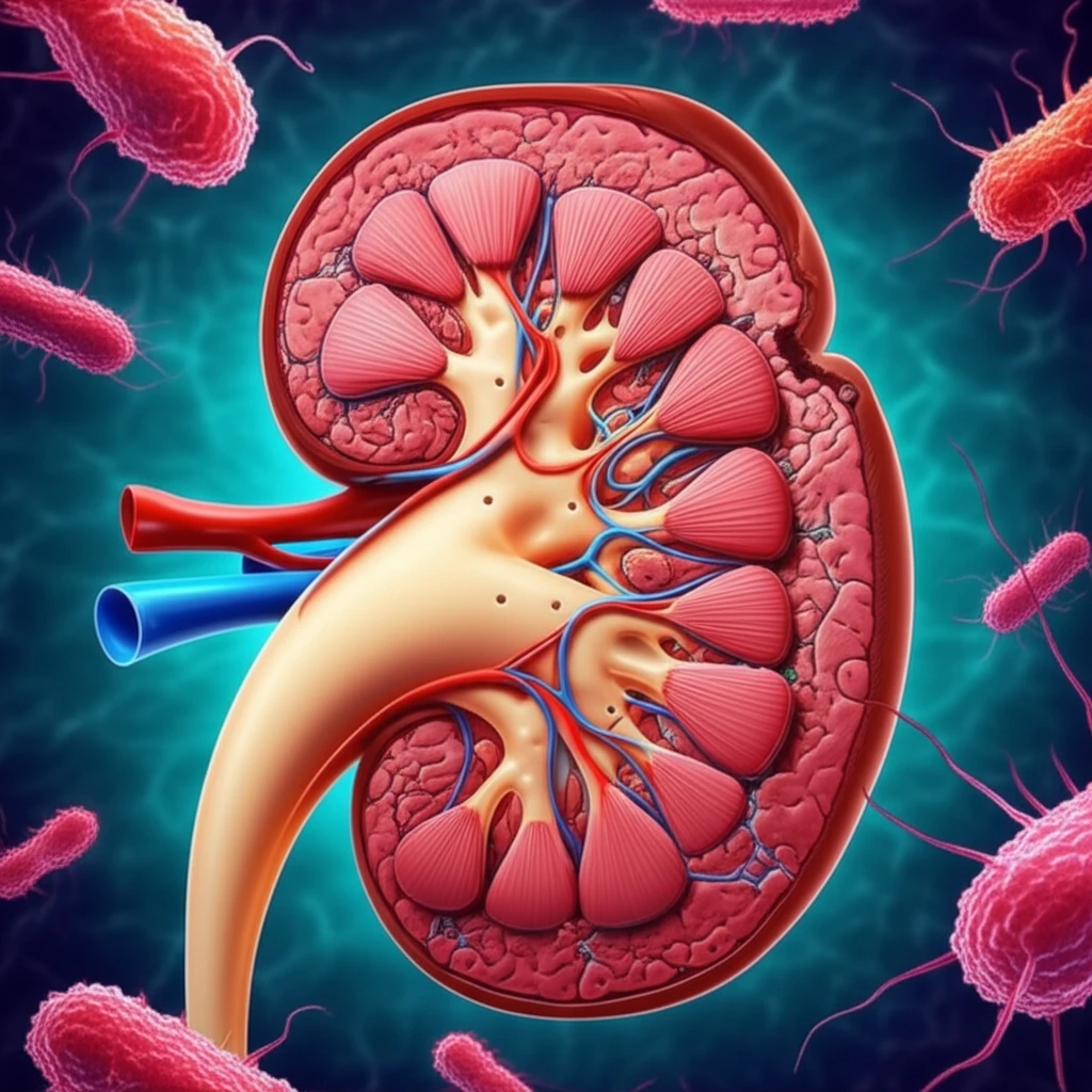 Illustration of a kidney stone with bacteria, highlighting the connection between infections and stone formation.