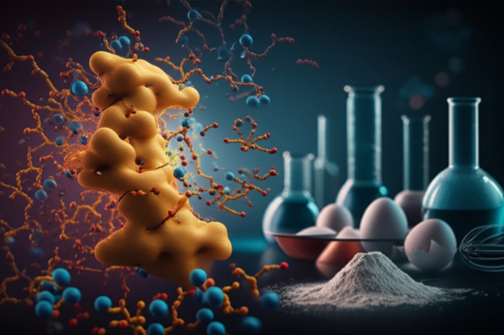 Illustration of a food enzyme breaking down starch molecules with baking ingredients and lab equipment in the background.