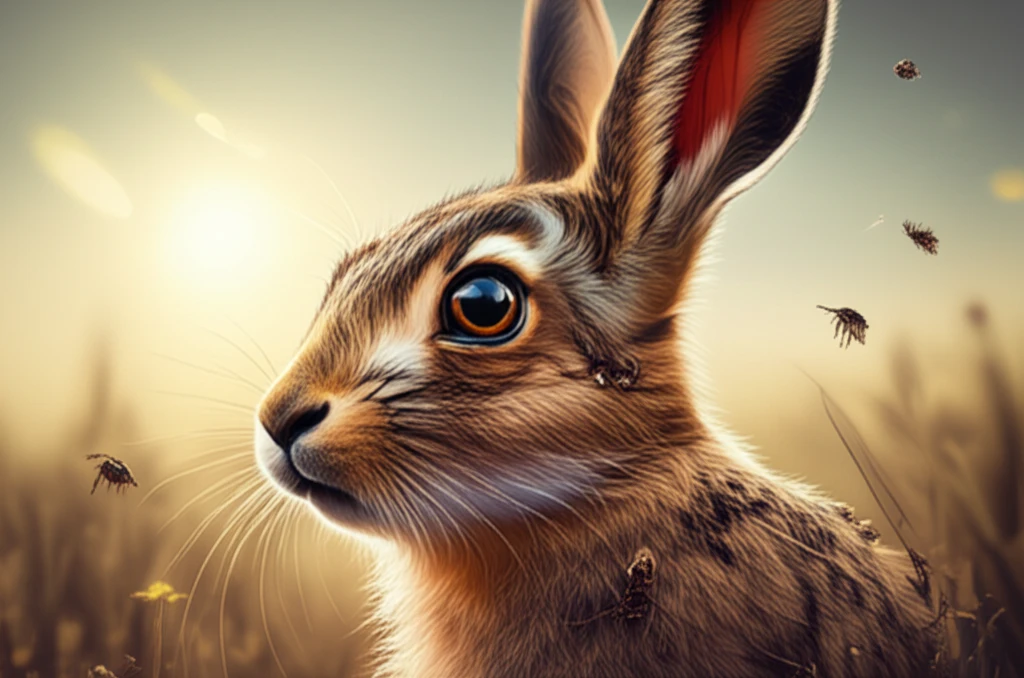 Illustration of a hare with ectoparasites such as ticks and fleas, highlighting the challenges faced by these animals.