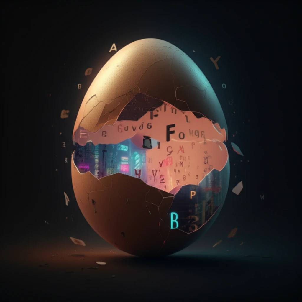 Surreal image of Humpty Dumpty's shattered eggshell reflecting a cityscape, illustrating the themes of language and identity in Paul Auster's 'City of Glass.'
