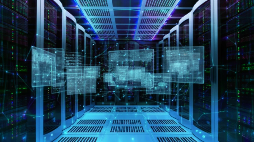 Illustration depicting a grid computing environment with interconnected servers, virtual machines, and data flow, representing the hybrid approach to computing.