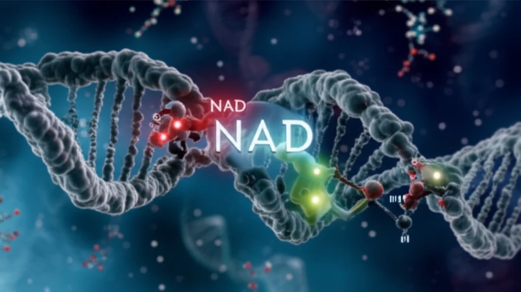 Illustration of an RNA molecule with a NAD modification, representing the complex world of RNA modifications.