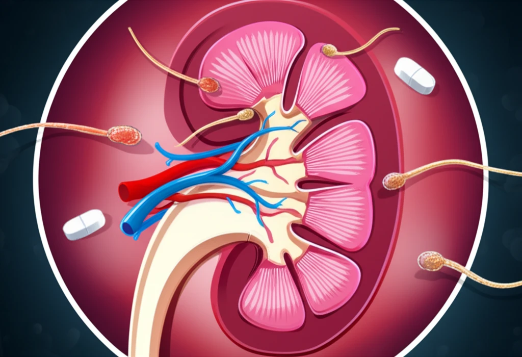Illustration depicting the threat of Strongyloides stercoralis to a kidney transplant patient, with a focus on the parasite and the immune system.