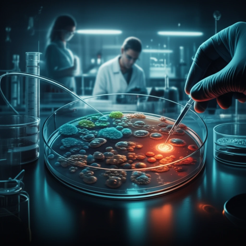 Illustration of a petri dish with colorful bacteria colonies, representing the detection of drug-resistant bacteria.