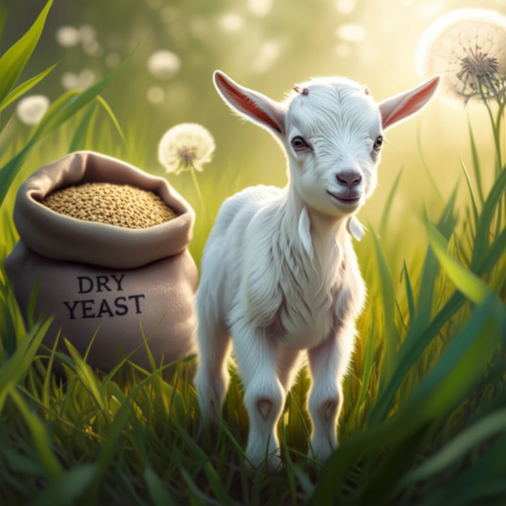 Illustration of a goat kid in a sunny pasture, with a bag of dry yeast