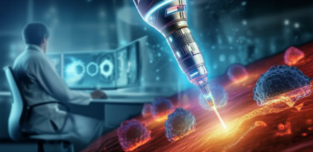 Illustration of a nanoprobe interacting with cells for disease detection.
