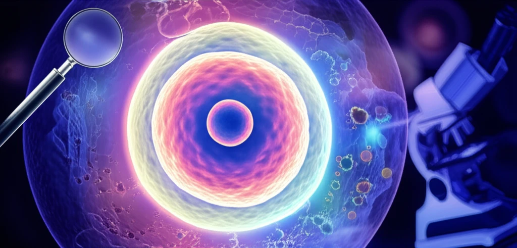 Illustration of a mouse oocyte and research tools. 