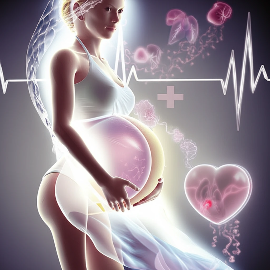 Illustration of a pregnant woman, with medical and scientific symbols around her