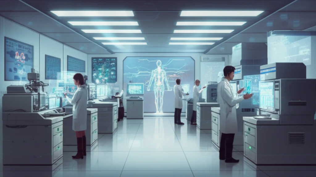 Futuristic medical lab with advanced 'omics' technology equipment and a stylized human body with glowing pathways.