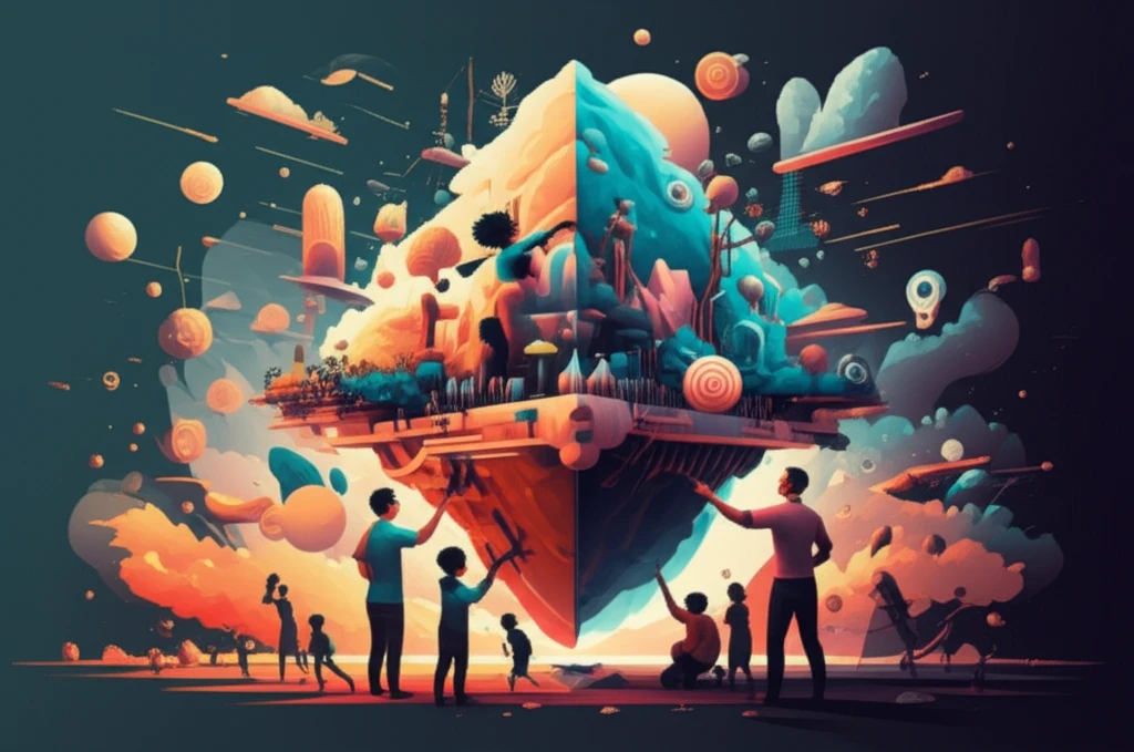 Illustration depicting people collaborating for social impact and community building.
